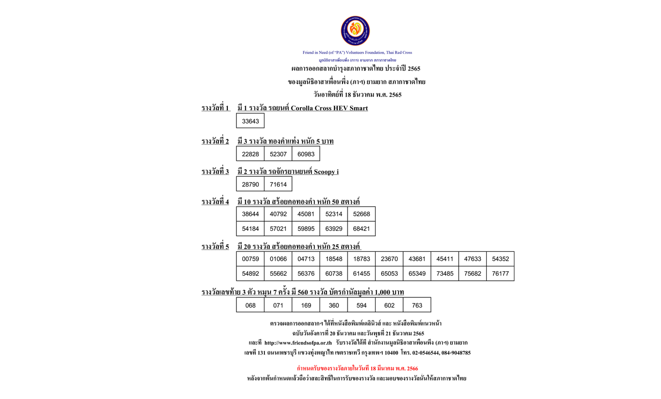 ผลรางวัลสลากบำรุงสภากาชาดไทย ของมูลนิธิอาสาเพื่อนพึ่ง (ภาฯ) ยามยาก 