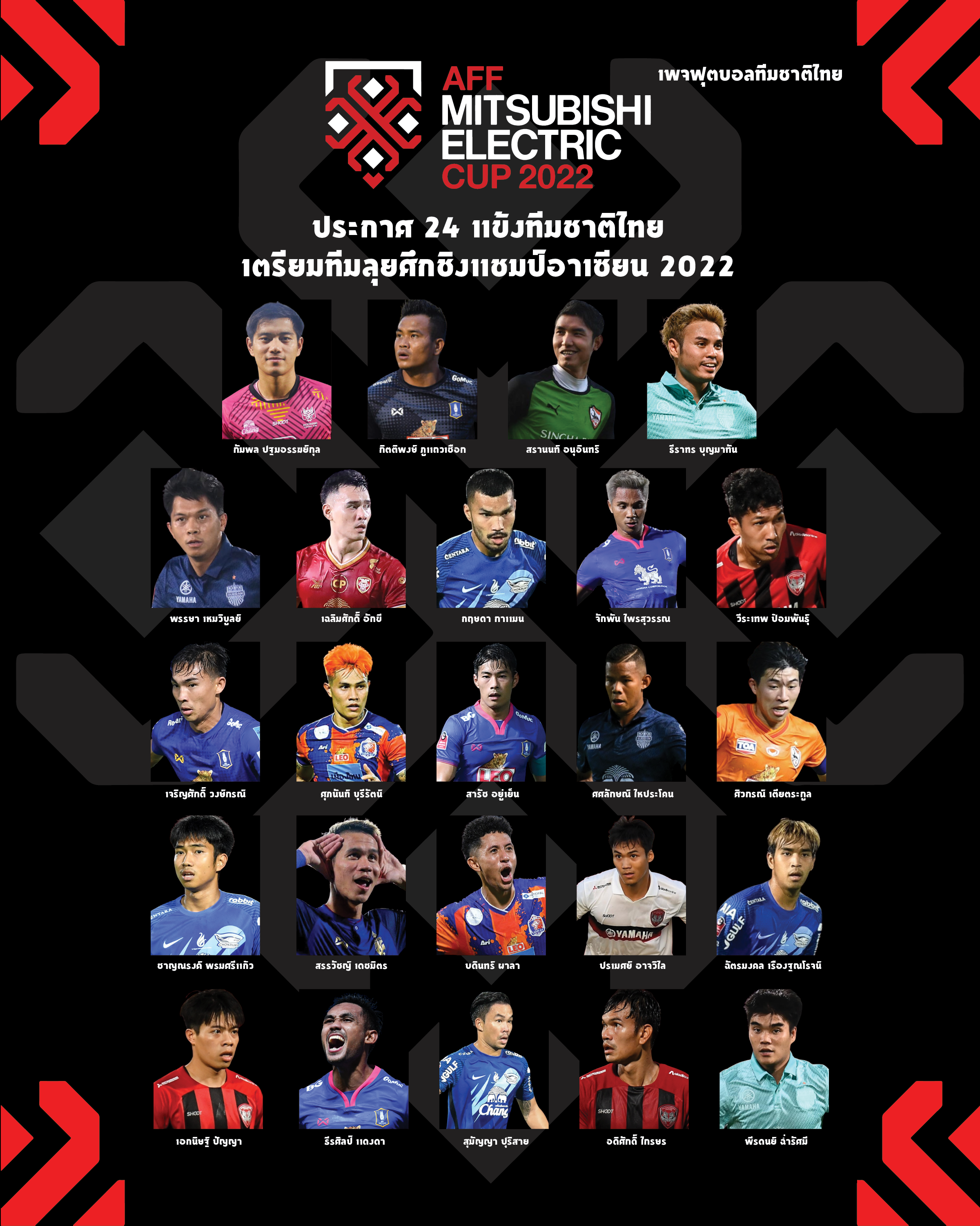 'ทีมชาติไทย' ประกาศ 24 รายชื่อนักเตะชุดทำศึก 'ชิงแชมป์อาเซียน2022' 'ทีมชาติไทย' ประกาศ 24 รายชื่อนักเตะชุดทำศึก 'ชิงแชมป์อาเซียน2022'