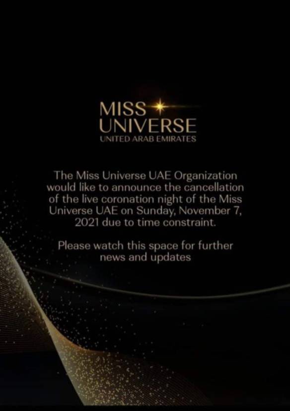 เวทีประกวด Miss Universe UAE ล่มกะทันหันก่อนถึงเวลาจัดงานไม่กี่ชั่วโมง เวทีประกวด Miss Universe UAE ล่มกะทันหันก่อนถึงเวลาจัดงานไม่กี่ชั่วโมง