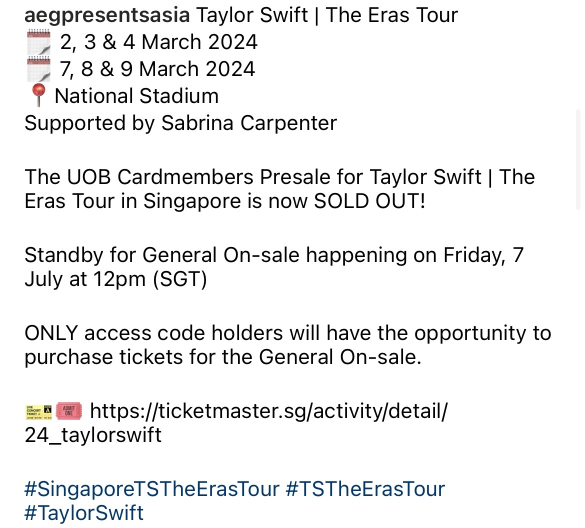 ขายเกลี้ยง!! บัตรคอนเสิร์ต 'เทย์เลอร์ สวิฟต์' รอบพรีเซล 6 โชว์ที่สิงคโปร์ คิวยาวกว่าล้านคิว ขายเกลี้ยง!! บัตรคอนเสิร์ต 'เทย์เลอร์ สวิฟต์' รอบพรีเซล 6 โชว์ที่สิงคโปร์ คิวยาวกว่าล้านคิว
