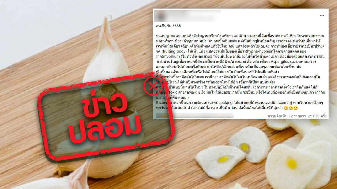 ขาวปลอม อย่าแชร์! รอยจุดสีน้ำตาลบนเนื้อกระเทียม คือ เชื้อราที่มีพิษ-สารก่อมะเร็ง ขาวปลอม อย่าแชร์! รอยจุดสีน้ำตาลบนเนื้อกระเทียม คือ เชื้อราที่มีพิษ-สารก่อมะเร็ง