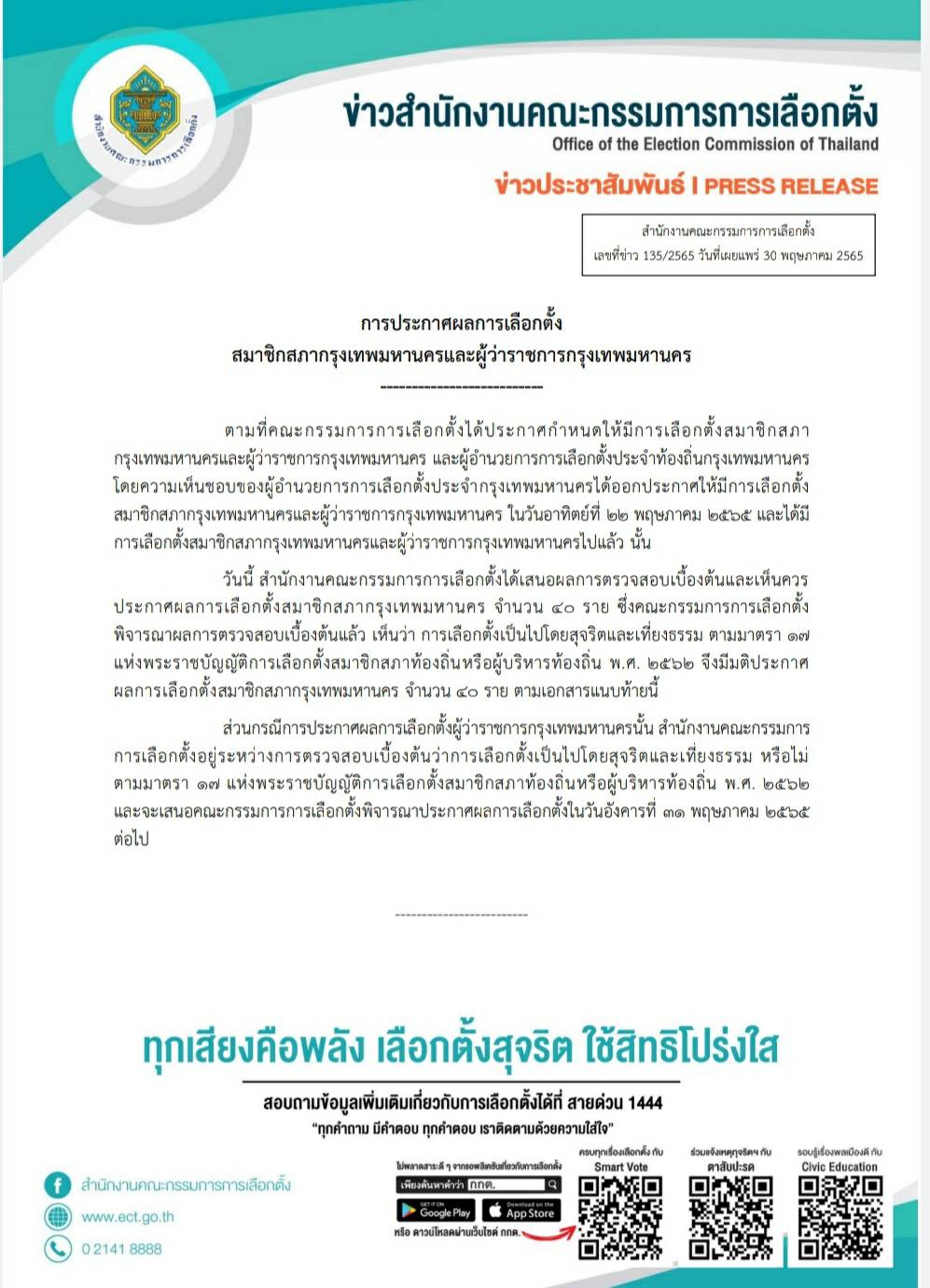 มติกกต. ประกาศรับรอง ผลเลือกตั้งส.ก.แล้ว 40 คน   