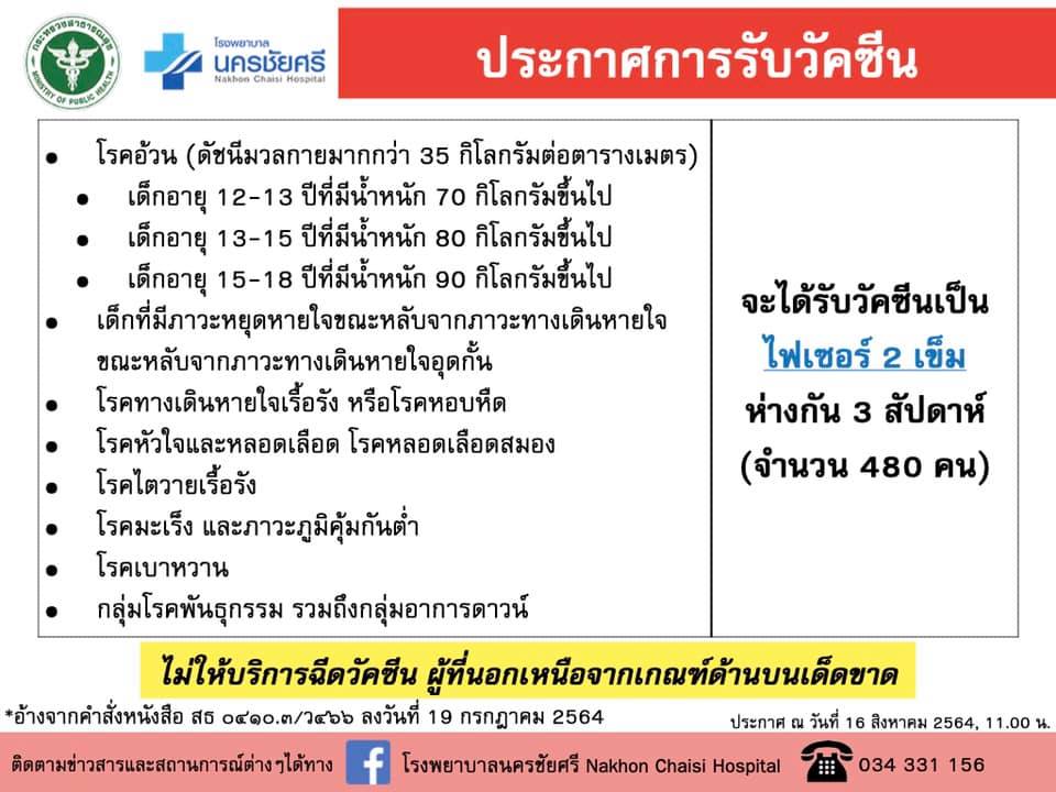 เช็กเงื่อนไข! นครปฐม เปิด Walk In ฉีดวัคซีนไฟเซอร์ 