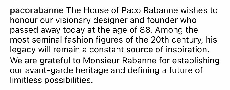 สิ้น 'Paco Rabanne'!! ดีไซเนอร์ระดับตำนานชาวสเปน ขวัญใจเซเลบสายชิคทั่วโลก สิ้น 'Paco Rabanne'!! ดีไซเนอร์ระดับตำนานชาวสเปน ขวัญใจเซเลบสายชิคทั่วโลก