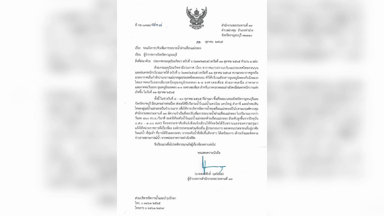 เขื่อนแม่กลอง เตือน! ชาวบ้าน 2 ฝั่ง เตรียมรับน้ำ หลังเพิ่มระดับสูง 3 เมตร 