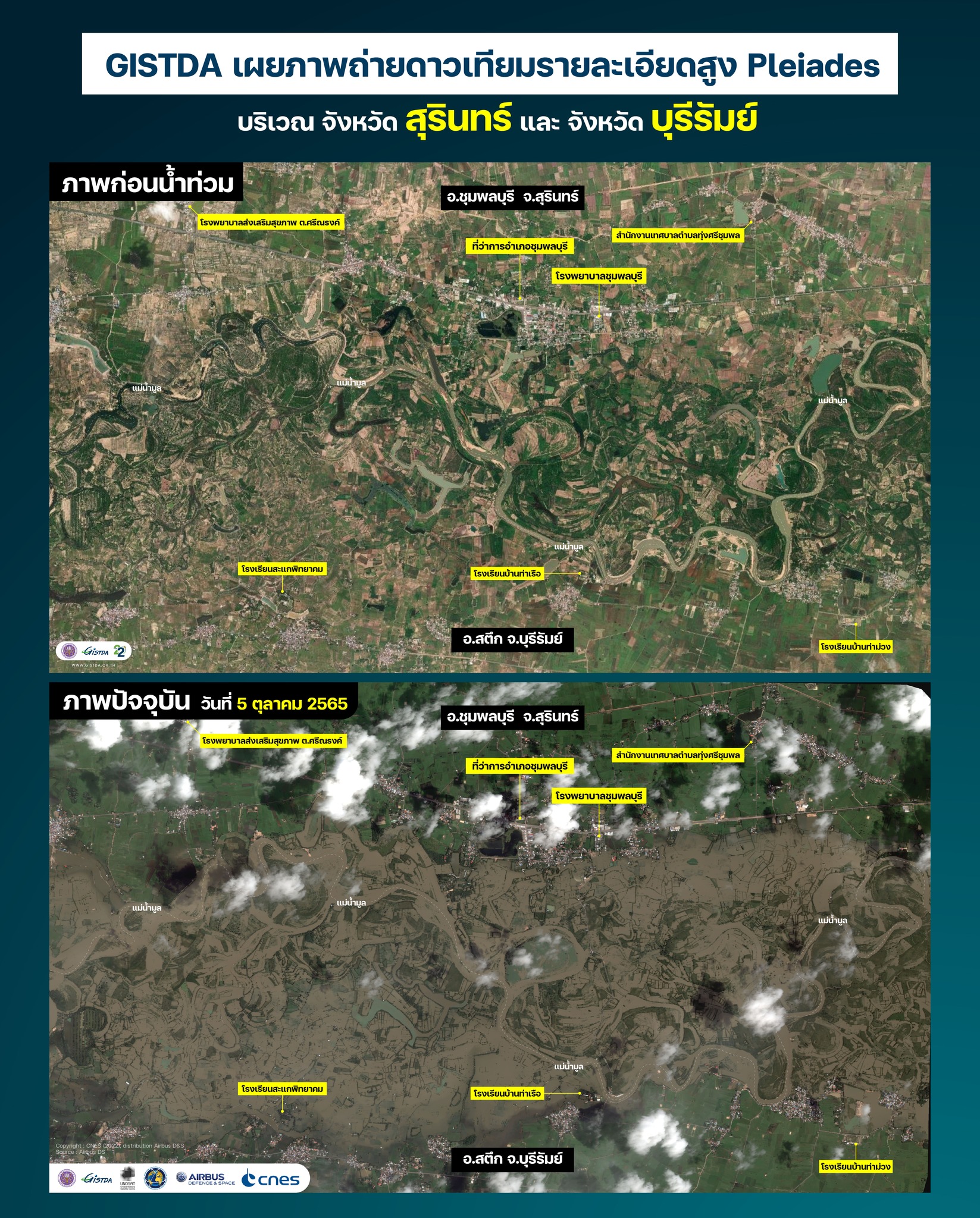 GISTDA เปิดภาพถ่ายดาวเทียมก่อน-หลัง น้ำท่วม สุรินทร์และบุรีรัมย์ GISTDA เปิดภาพถ่ายดาวเทียมก่อน-หลัง น้ำท่วม สุรินทร์และบุรีรัมย์