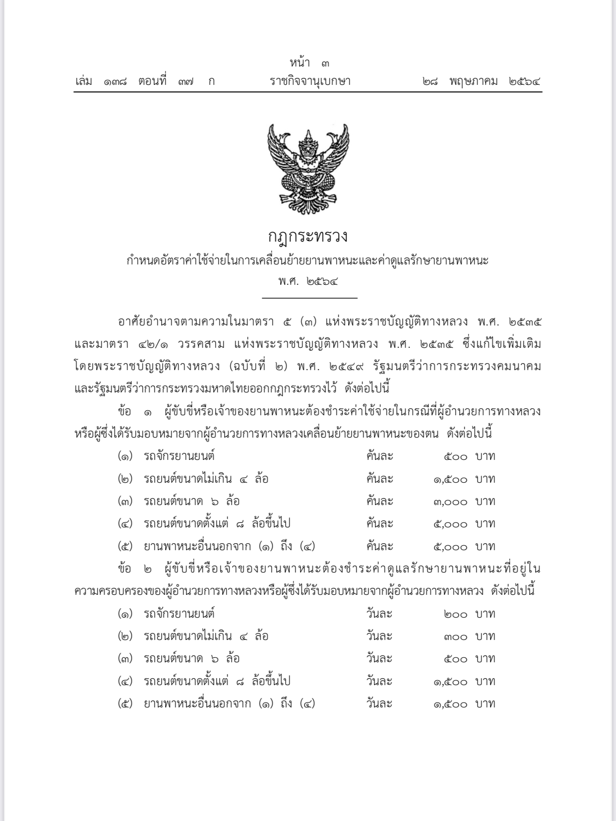 มีผลแล้ว! ประกาศค่าเคลื่อนย้าย-ดูแลรักษา รถจอดทิ้งริมทาง สูงสุดคันละ 5,000 บาท มีผลแล้ว! ประกาศค่าเคลื่อนย้าย-ดูแลรักษา รถจอดทิ้งริมทาง สูงสุดคันละ 5,000 บาท