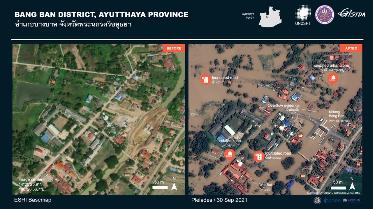 GISTDA เผยภาพดาวเทียม ‘บางบาล’ อยุธยา น้ำท่วม15,000 ไร่