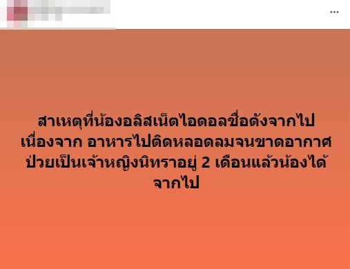 เน็ตไอดอลชื่อดัง อลิส อริศรา กาพย์เดโช เสียชีวิตแล้ว