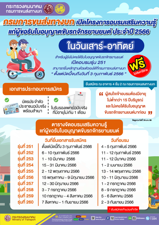 “กรมขนส่ง” เปิดอบรมทำใบขับขี่ จยย. ใหม่ วันเสาร์-อาทิตย์ฟรี! “กรมขนส่ง” เปิดอบรมทำใบขับขี่ จยย. ใหม่ วันเสาร์-อาทิตย์ฟรี!