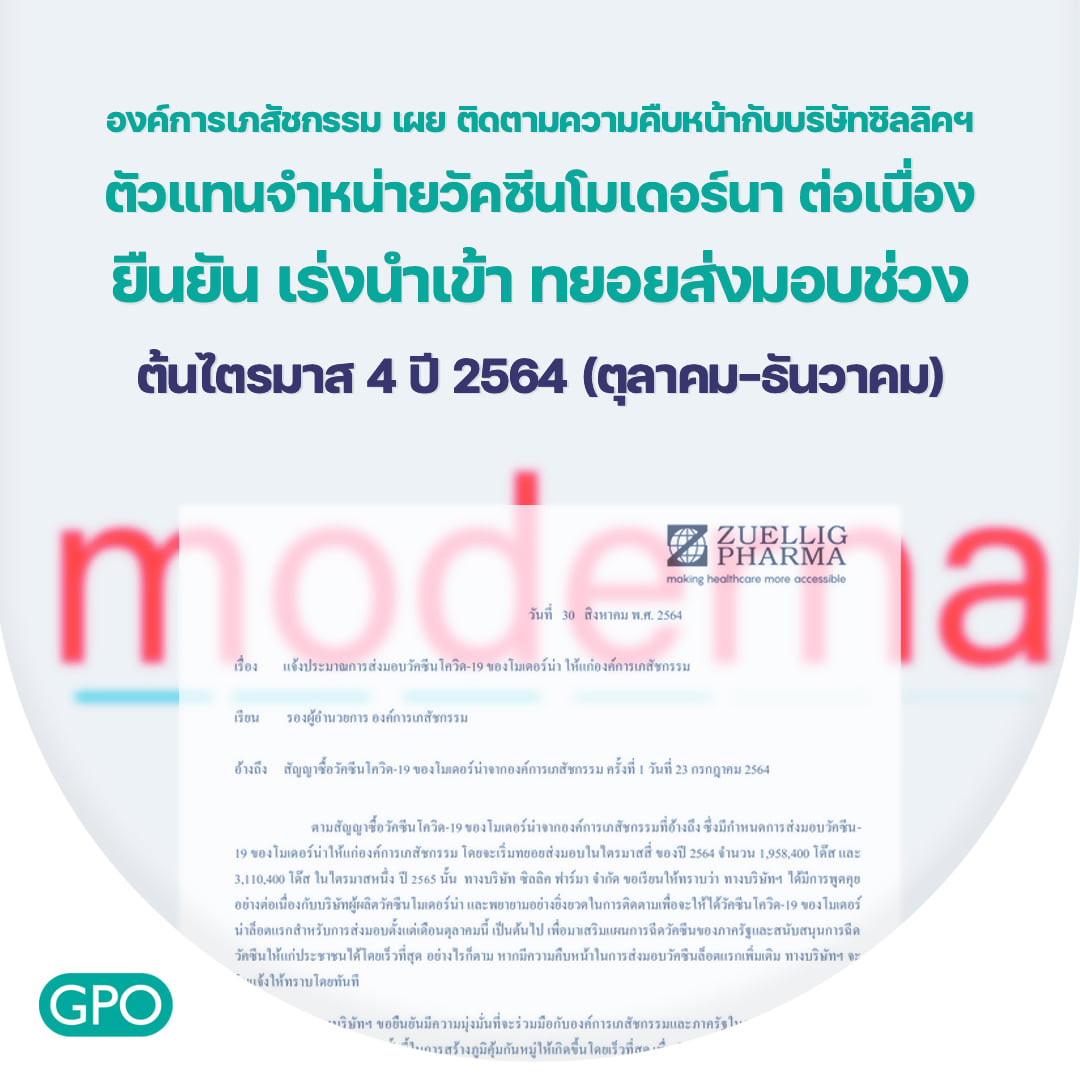 ต.ค.นี้ล็อตแรก! องค์การเภสัชกรรมเผยวัคซีนโมเดอร์นา ส่งมอบ1.95ล้านโดส ต.ค.นี้ล็อตแรก! องค์การเภสัชกรรมเผยวัคซีนโมเดอร์นา ส่งมอบ1.95ล้านโดส