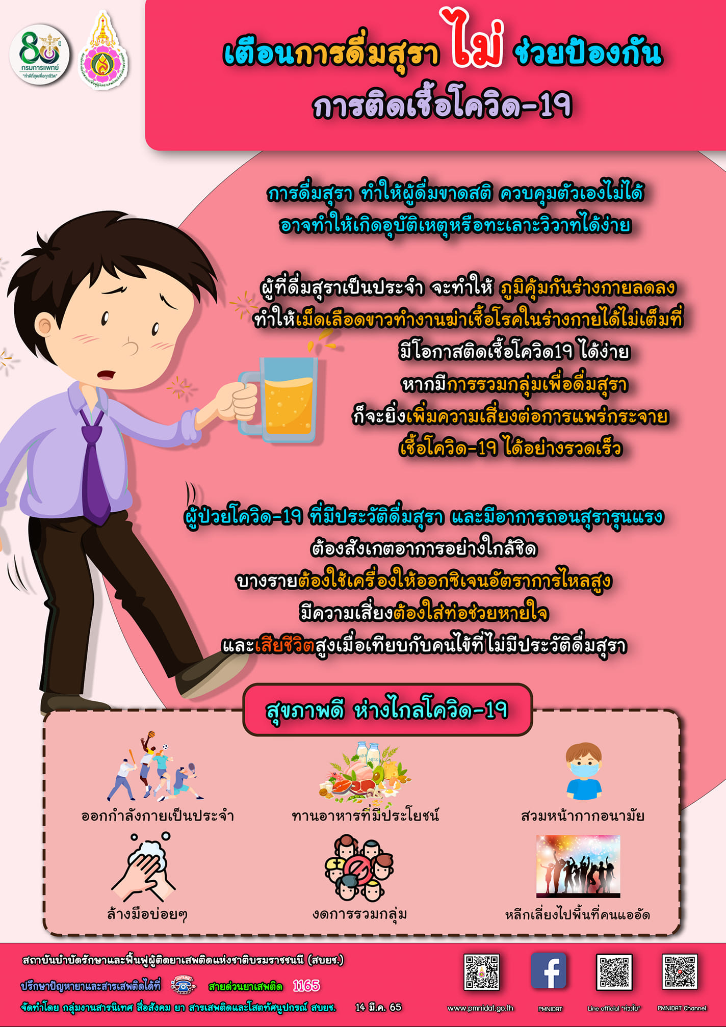 กรมการแพทย์ เตือนการดื่มสุราไม่ช่วยป้องกันการติดเชื้อโควิด-19 