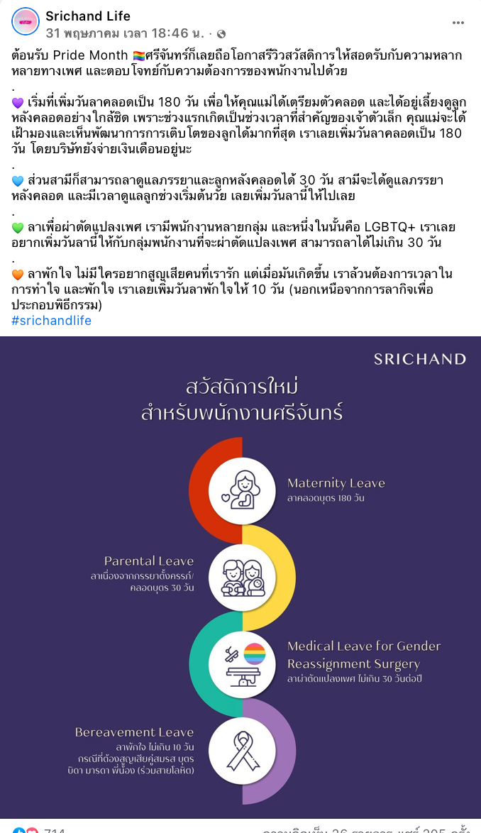 ศรีจันทร์ ต้อนรับ Pride Month เพิ่มสวัสดิการลาผ่าตัดแปลงเพศ 30 วัน