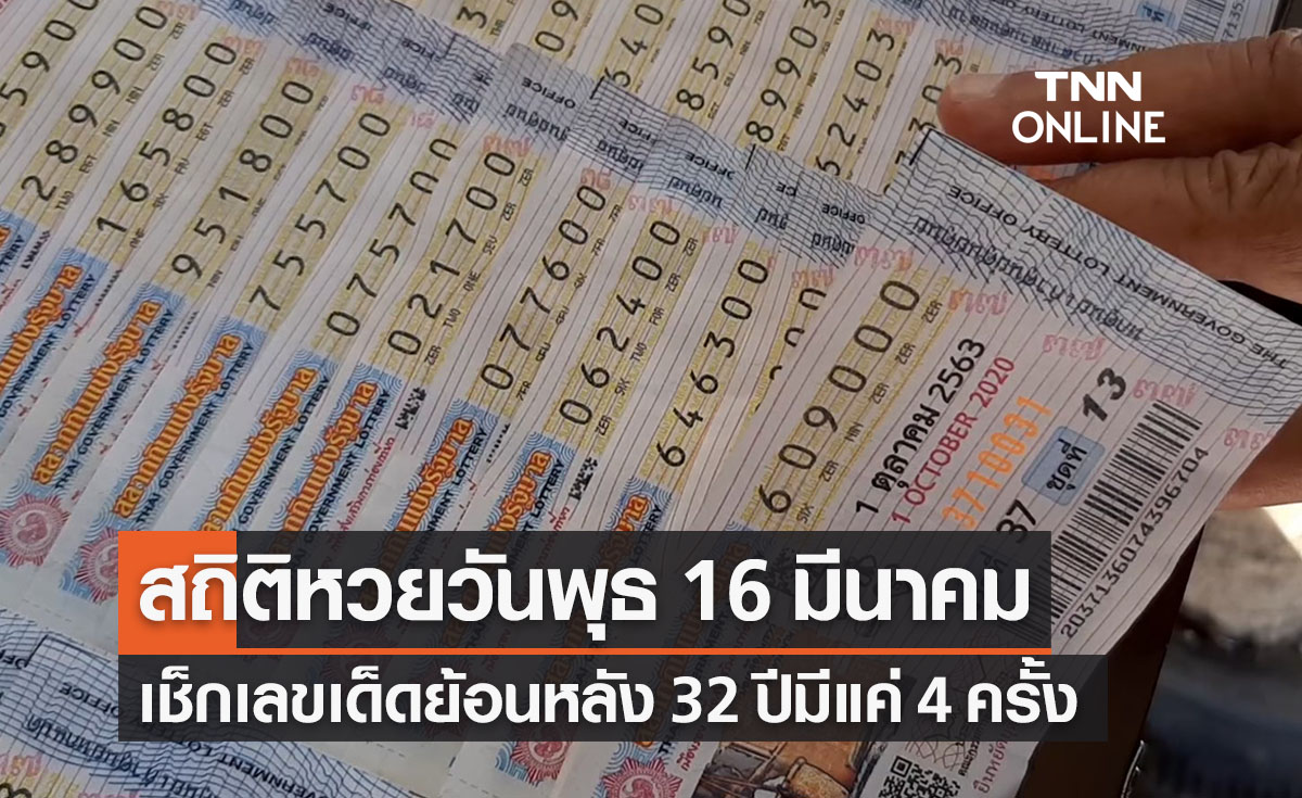 สถิติหวยออกวันพุธ วันที่ 16 มีนาคมย้อนหลัง 32 ปี มี 4 ครั้ง