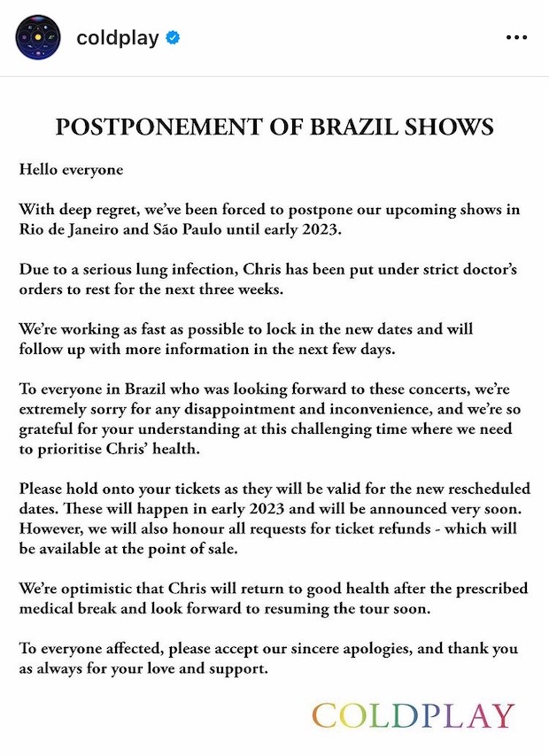 Coldplay พักทัวร์ทันที!! หลัง ‘คริส มาร์ติน’ นักร้องนำปอดติดเชื้ออย่างรุนแรง Coldplay พักทัวร์ทันที!! หลัง ‘คริส มาร์ติน’ นักร้องนำปอดติดเชื้ออย่างรุนแรง
