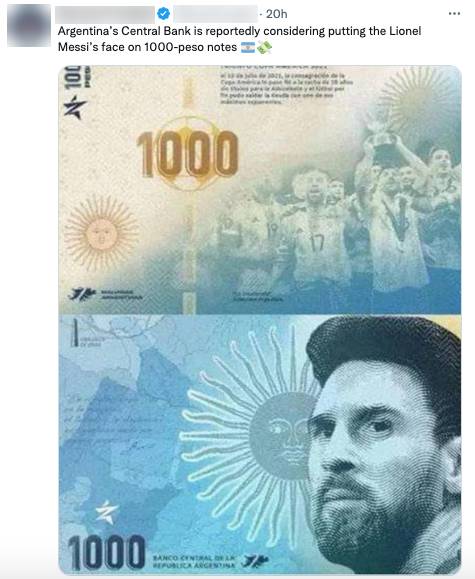 ธนบัตรเมสซี่!! สื่อตีข่าว ‘อาร์เจนติน่า’ จ่อปล่อยแบงก์พันเปโซฉลองแชมป์ฟุตบอลโลก ธนบัตรเมสซี่!! สื่อตีข่าว ‘อาร์เจนติน่า’ จ่อปล่อยแบงก์พันเปโซฉลองแชมป์ฟุตบอลโลก