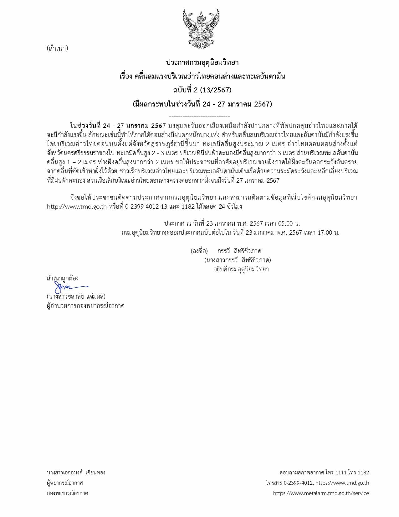 กรมอุตุนิยมวิทยา ประกาศเตือนอ่าวไทย-อันดามัน คลื่นลมแรง 24-27 มกราคม 2567