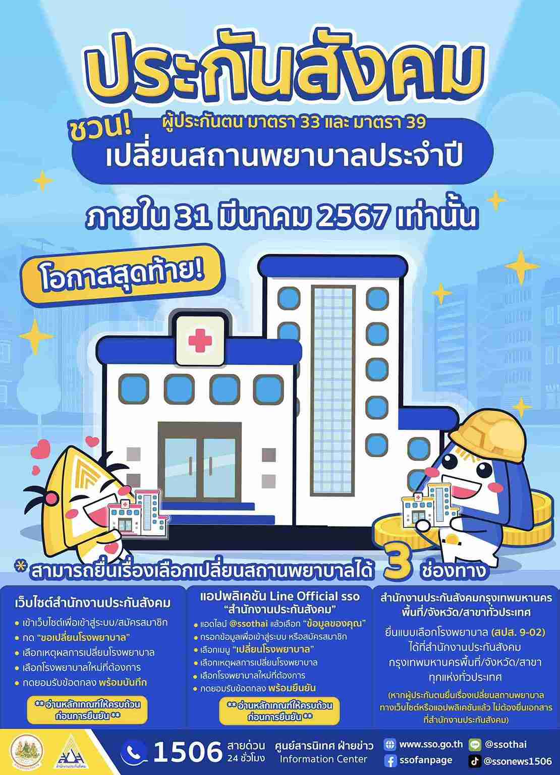 เปลี่ยนโรงพยาบาลประกันสังคม ภายใน 31 มี.ค. ผู้ประกันตนเช็กวิธี-สถานพยาบาลที่นี่