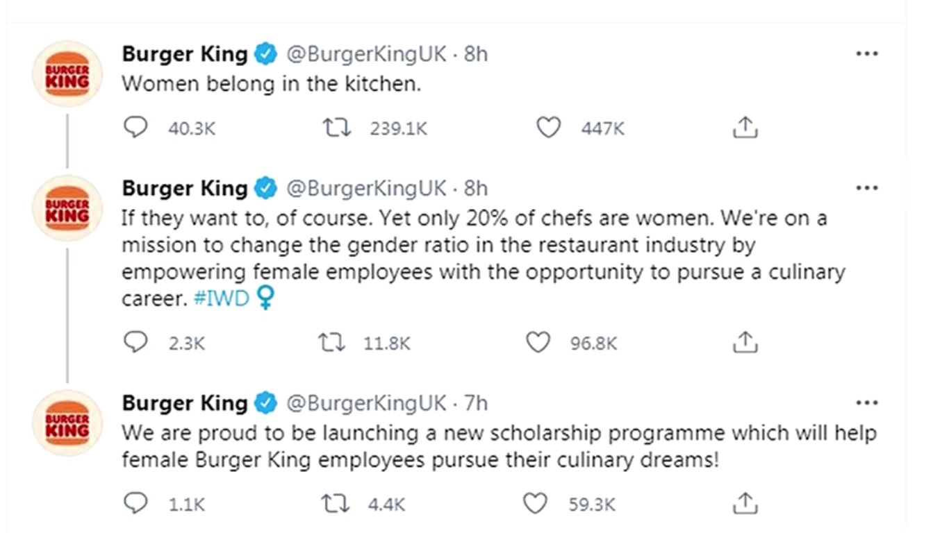 เบอร์เกอร์ คิง ขอโทษปมทวีต ผู้หญิงควรอยู่ในครัว ในวันสตรีสากล เบอร์เกอร์ คิง ขอโทษปมทวีต ผู้หญิงควรอยู่ในครัว ในวันสตรีสากล