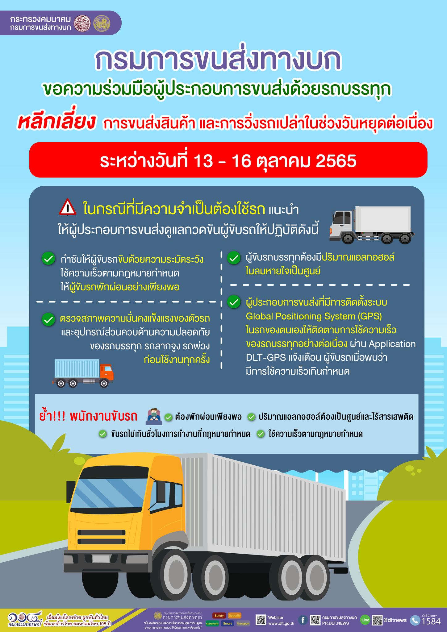 วันหยุดยาว! ขนส่งฯ ขอความร่วมมือรถบรรทุกเลี่ยงขนส่งสินค้า-ตีรถเปล่า 13-16 ต.ค.นี้
