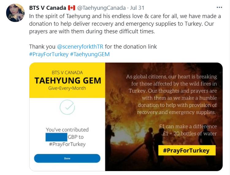 แฟนคลับ V BTS เยียวยาผู้ประสบภัยป่าที่ตุรกีในนาม คิมแทฮยอง แฟนคลับ V BTS เยียวยาผู้ประสบภัยป่าที่ตุรกีในนาม คิมแทฮยอง