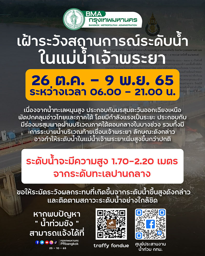 กทม. เฝ้าระวังสถานการณ์ระดับน้ำเจ้าพระยาขึ้นสูง 26 ต.ค. – 9 พ.ย.นี้ กทม. เฝ้าระวังสถานการณ์ระดับน้ำเจ้าพระยาขึ้นสูง 26 ต.ค. – 9 พ.ย.นี้
