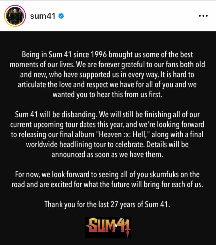แฟนเพลงสุดช็อก!! 'Sum 41' ประกาศยุบวง จ่อปิดตำนาน 27 ปี หลังปล่อยอัลบั้มสุดท้าย แฟนเพลงสุดช็อก!! 'Sum 41' ประกาศยุบวง จ่อปิดตำนาน 27 ปี หลังปล่อยอัลบั้มสุดท้าย