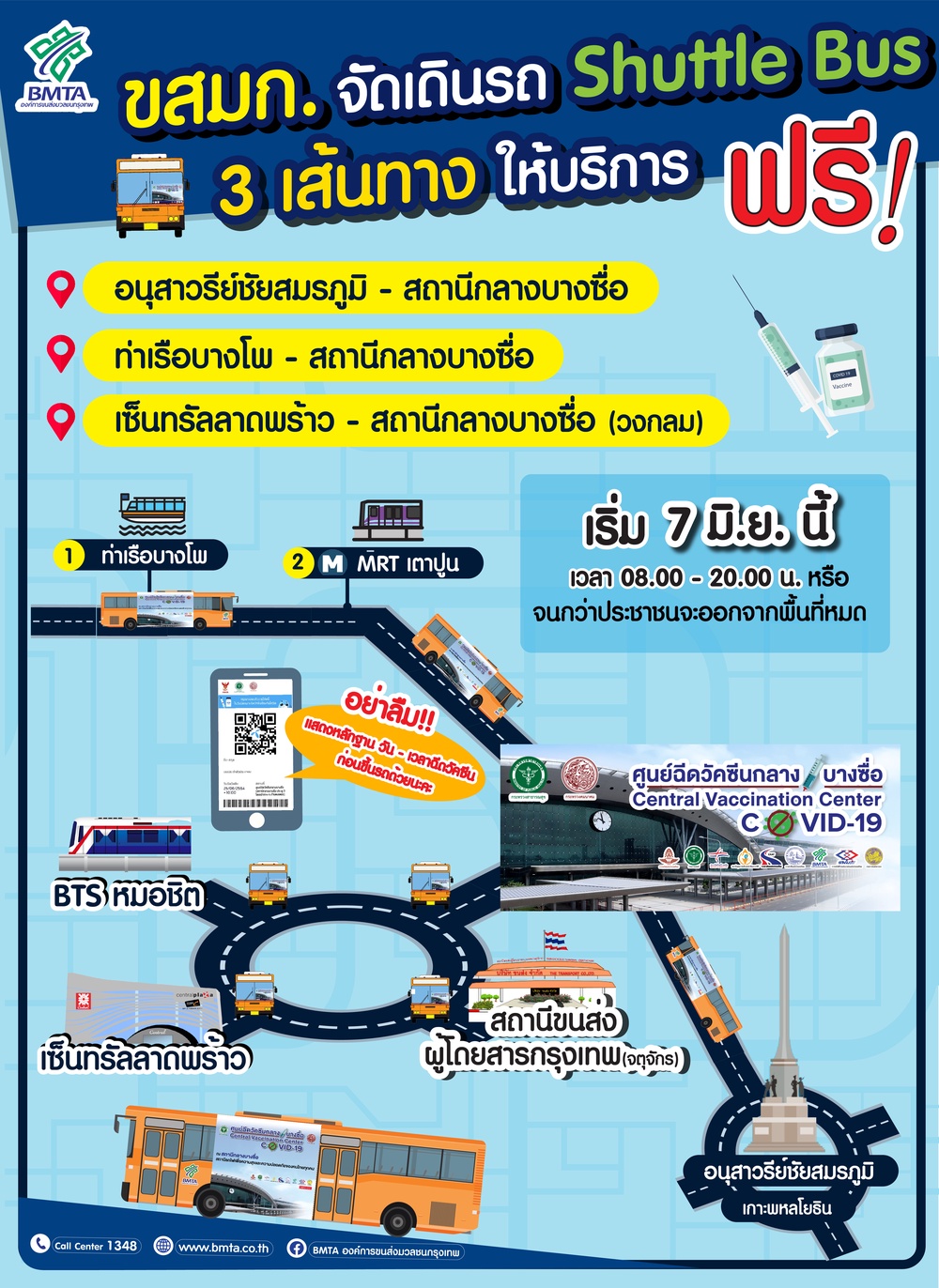 ขสมก.จัดบริการ Shuttle Bus 3 เส้นทางไปฉีดวัคซีนโควิดสถานีบางซื่อฟรี!