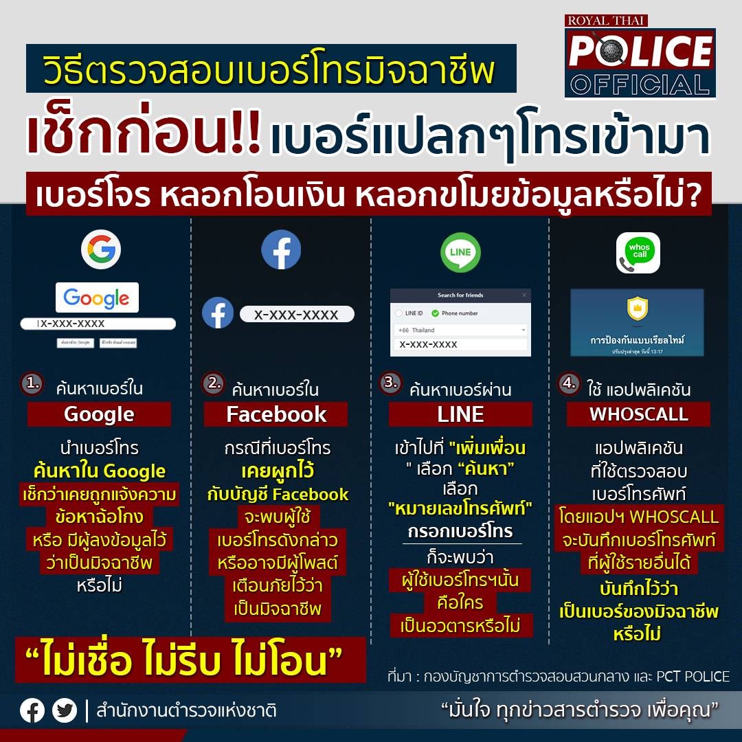 สตช.แนะ 4 วิธีเช็กเบอร์มิจฉาชีพรู้ไว้ไม่หลงกล สตช.แนะ 4 วิธีเช็กเบอร์มิจฉาชีพรู้ไว้ไม่หลงกล