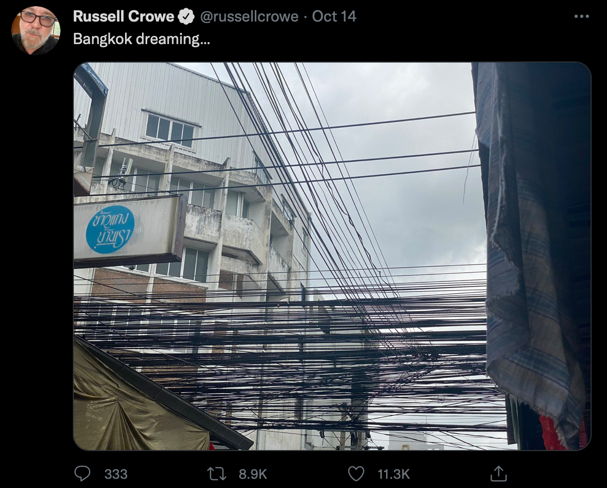 'รัสเซล โครว์'แชร์ข่าวนายกฯให้นำสายไฟลงดิน ย้ำคิดถึงเมืองไทย 'รัสเซล โครว์'แชร์ข่าวนายกฯให้นำสายไฟลงดิน ย้ำคิดถึงเมืองไทย