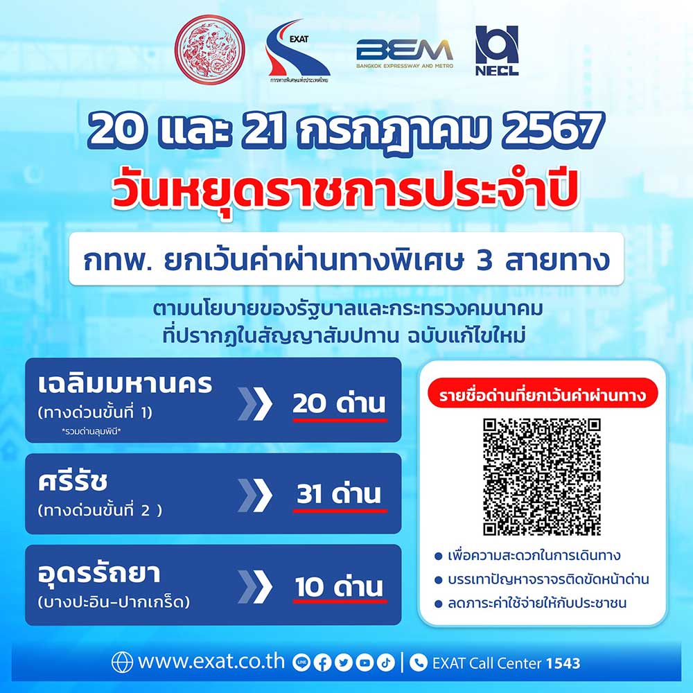ข่าวดี ขึ้นทางด่วนฟรี วันอาสาฬหบูชา-วันเข้าพรรษา 20-21 กรกฎาคม 2567