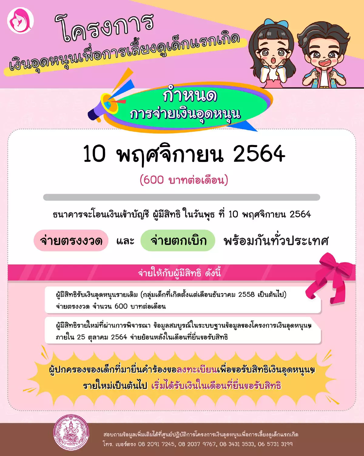 โอนเข้าพรุ่งนี้! เงินอุดหนุนบุตร พ.ย.นี้ 600 บาท ทั้งตรงงวด และ ตกเบิก