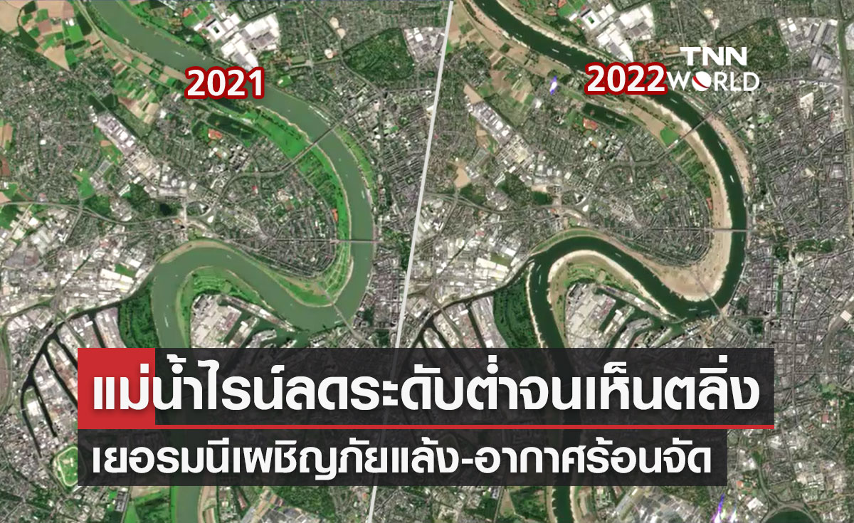 เปิดภาพดาวเทียม "แม่น้ำไรน์" ระดับน้ำต่ำมาก หลังภัยแล้งยาวนานถล่มเยอรมนี