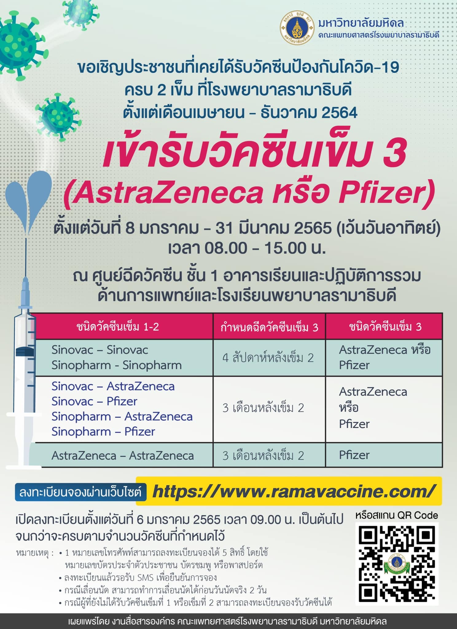 เริ่มวันนี้ โรงพยาบาลรามาธิบดี เปิดให้ลงทะเบียนฉีดวัคซีนเข็ม 3 ฟรี 
