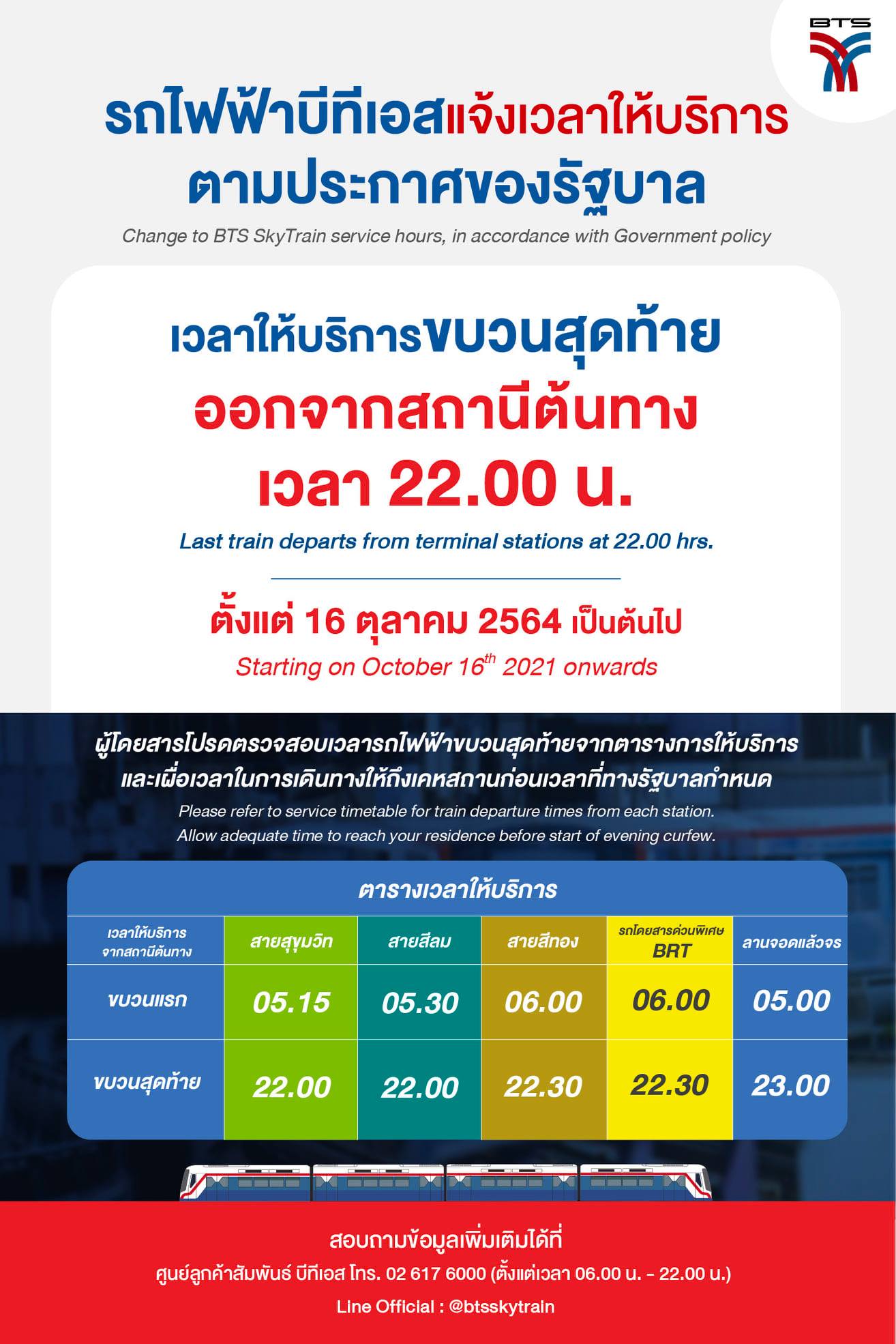 คลายล็อดดาวน์ รถไฟฟ้าบีทีเอส แจ้งปรับเวลาให้บริการ เริ่ม 16 ต.ค.