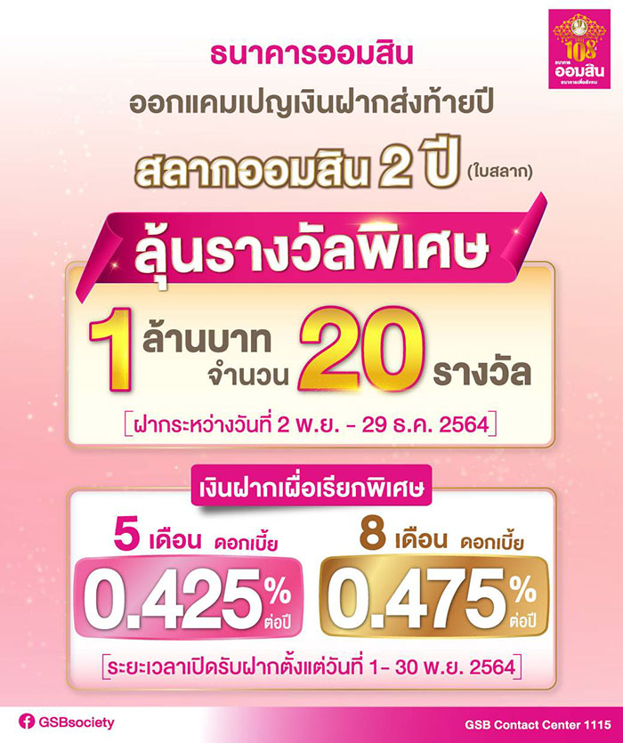 ออมสิน จัดรางวัลสลากออมสินพิเศษช่วงส่งท้ายปี ดอกเบี้ยสูง-ไม่หักภาษี