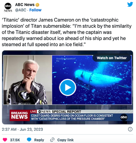 ประวัติศาสตร์ซ้ำรอย!! ‘เจมส์ คาเมรอน’ เทียบโศกนาฏกรรมเรือดำน้ำไททันกับเรือไททานิค ประวัติศาสตร์ซ้ำรอย!! ‘เจมส์ คาเมรอน’ เทียบโศกนาฏกรรมเรือดำน้ำไททันกับเรือไททานิค