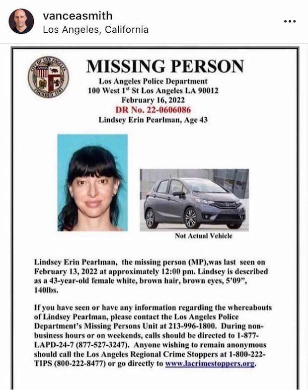 ถูกพบเป็นศพ!! ตำรวจพบร่าง ‘ลินซีย์ เพิร์ลแมน’ หลังหายตัวนานหลายวัน