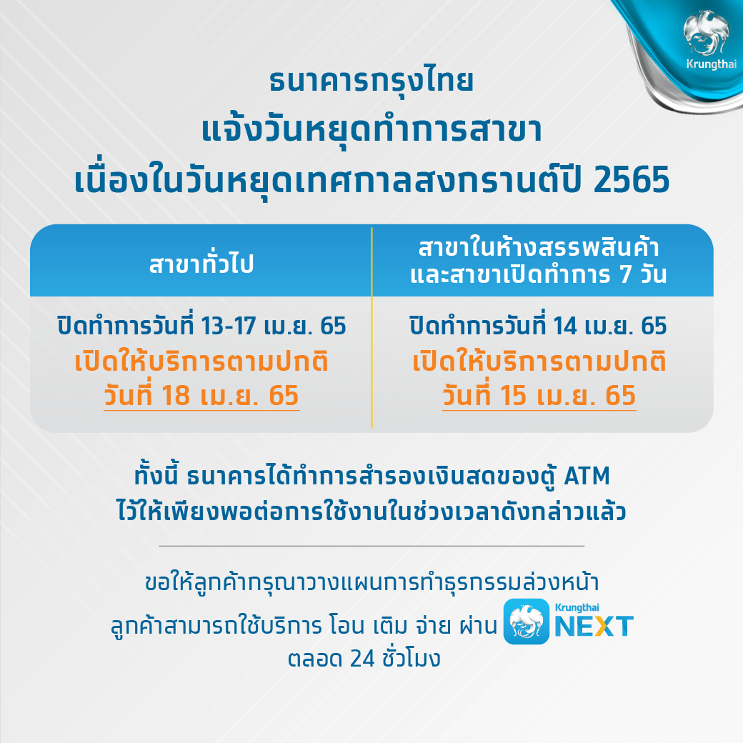 เช็กที่นี่! วันหยุดสงกรานต์ 2565 ธนาคารเปิด-ปิด บริการวันไหนบ้าง เช็กที่นี่! วันหยุดสงกรานต์ 2565 ธนาคารเปิด-ปิด บริการวันไหนบ้าง