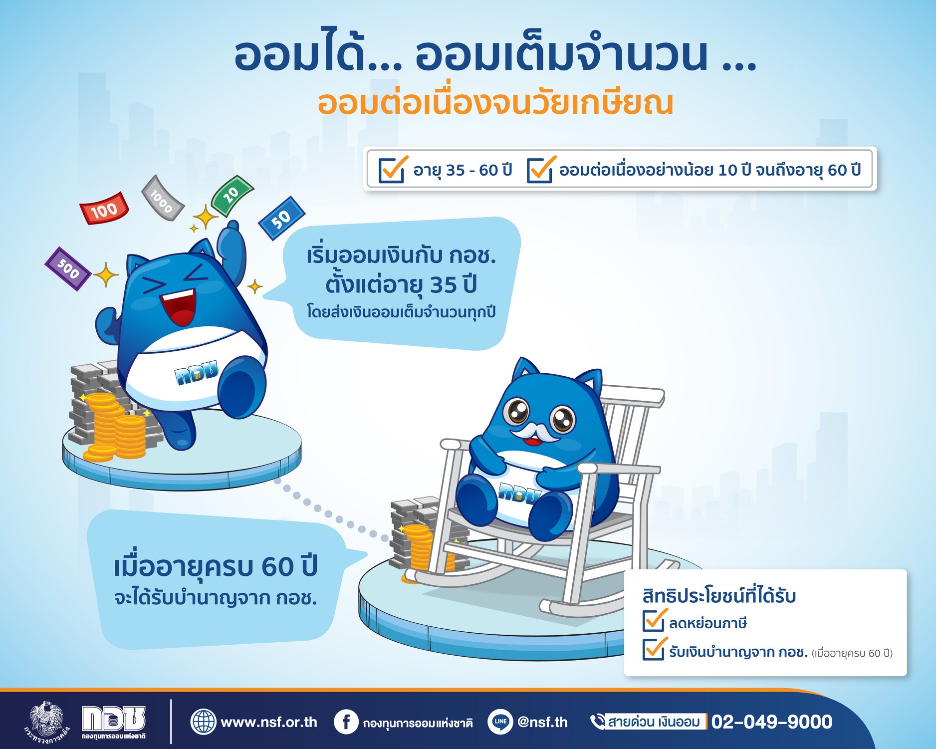 ออมเงินกับ กอช. หลังเกษียณได้บำนาญเดือนละ 3,600 บาทตลอดชีพ ออมเงินกับ กอช. หลังเกษียณได้บำนาญเดือนละ 3,600 บาทตลอดชีพ