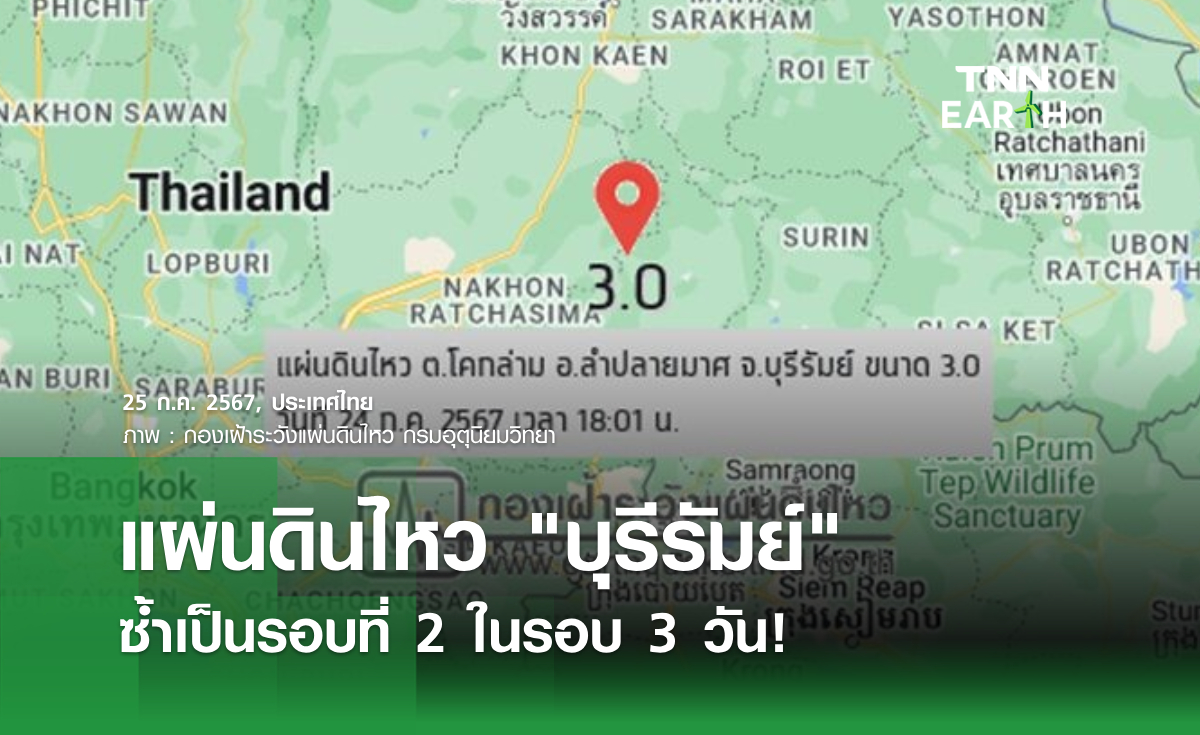 แผ่นดินไหว “บุรีรัมย์”  ซ้ำเป็นรอบที่ 2 ในรอบ 3 วัน! 
