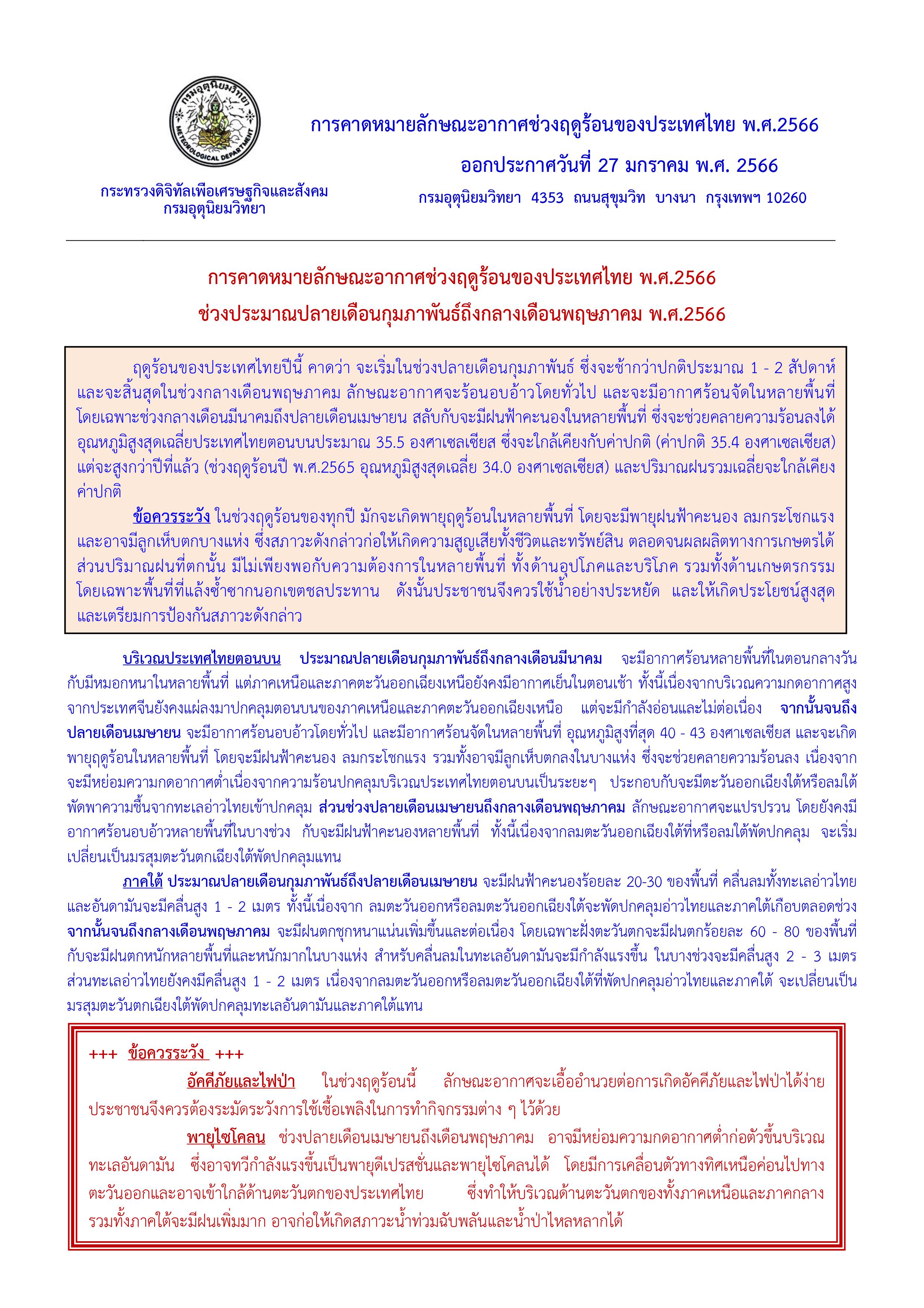 ฤดูร้อน 2566เริ่มเมื่อไหร่? อุตุฯคาดช้ากว่าปกติ ร้อนสุด 43 องศาฯ เช็กสภาพอากาศแต่ละภาคที่นี่