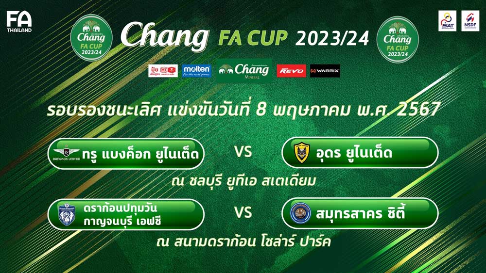 ผลการจับสลากประกบคู่ 'ช้าง เอฟเอ คัพ' รอบ 4 ทีมสุดท้าย