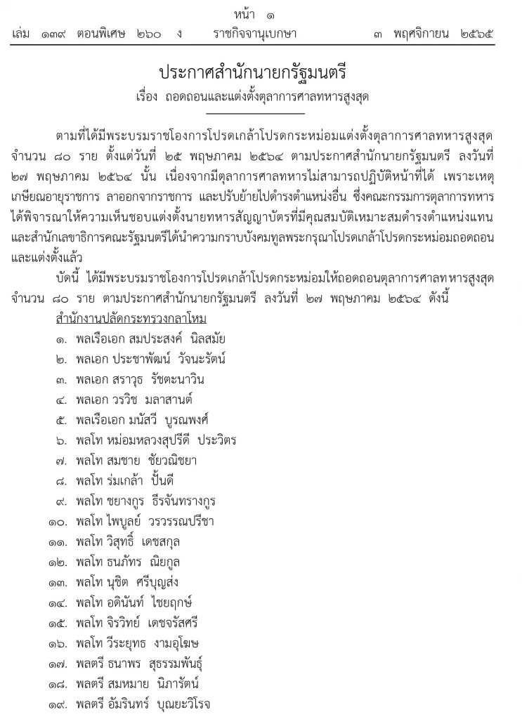 โปรดเกล้าฯ ถอดถอน 'ตุลาการศาลทหารสูงสุด' 80 ราย โปรดเกล้าฯ ถอดถอน 'ตุลาการศาลทหารสูงสุด' 80 ราย