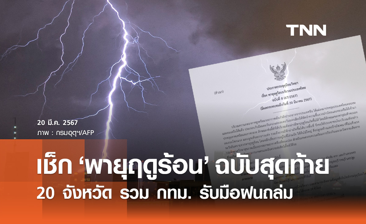 กรมอุตุนิยมวิทยา เตือน "พายุฤดูร้อน" ฉบับสุดท้าย กระทบหลายจังหวัด รวมกทม.