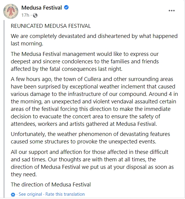    เทศกาลดนตรี Medusa Festival เกิดอุบัติเหตุลมพัดเวทีถล่มใส่คนดูเสียชีวิต 1 ราย 