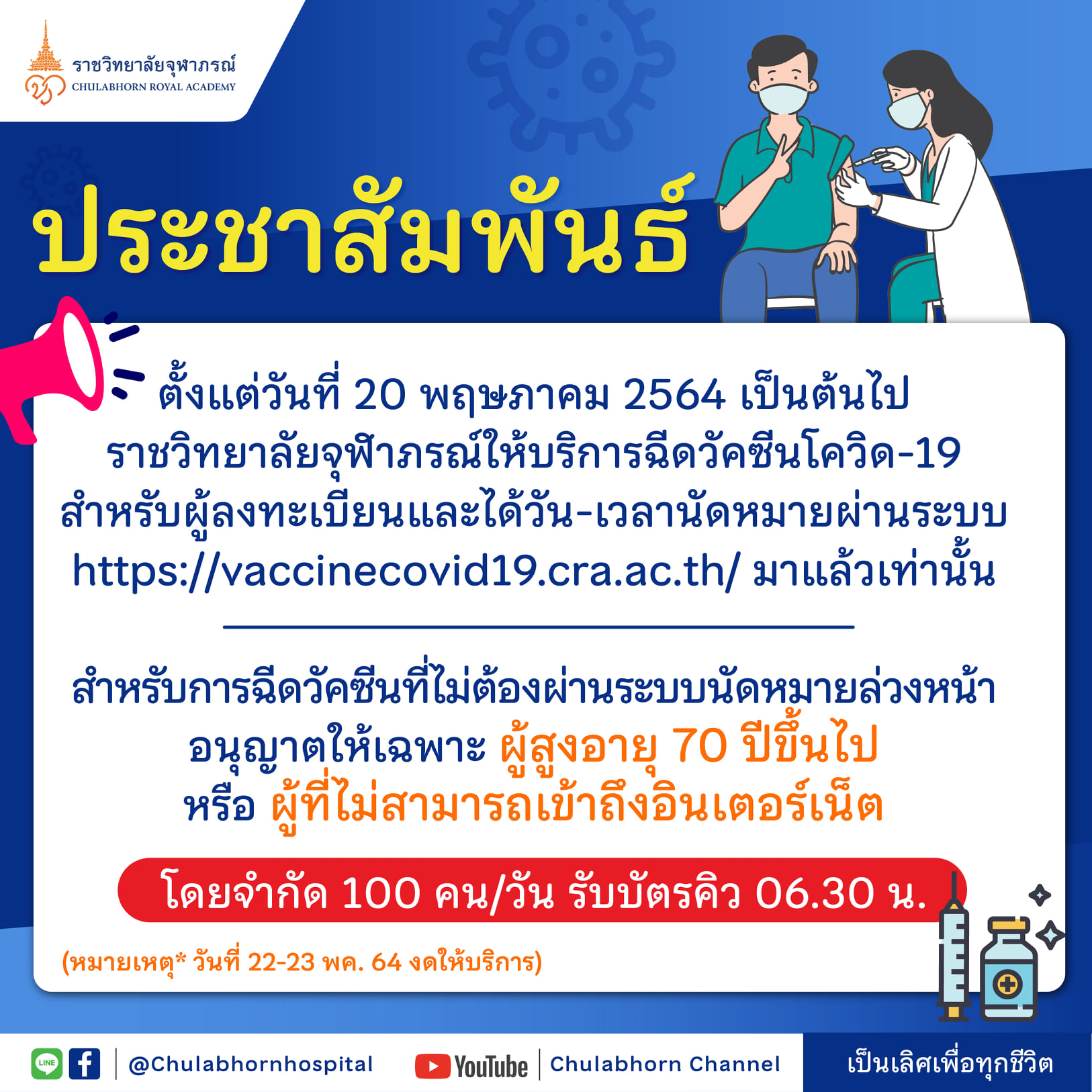 เริ่มวันนี้!ราชวิทยาลัยจุฬาภรณ์เปิดวอล์คอินฉีดวัคซีนโควิดให้คนอายุ70ปีขึ้นไป เริ่มวันนี้!ราชวิทยาลัยจุฬาภรณ์เปิดวอล์คอินฉีดวัคซีนโควิดให้คนอายุ70ปีขึ้นไป