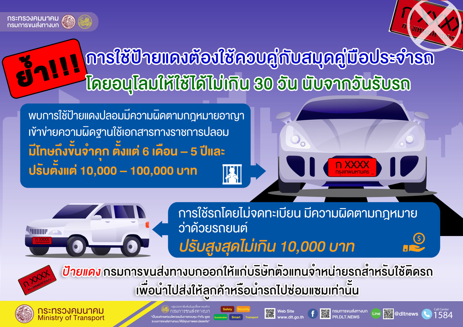 ขนส่งฯ ย้ำ ป้ายแดง ใช้ชั่วคราวไม่เกิน 30 วัน ต้องมีสมุดคู่มือประจำรถ