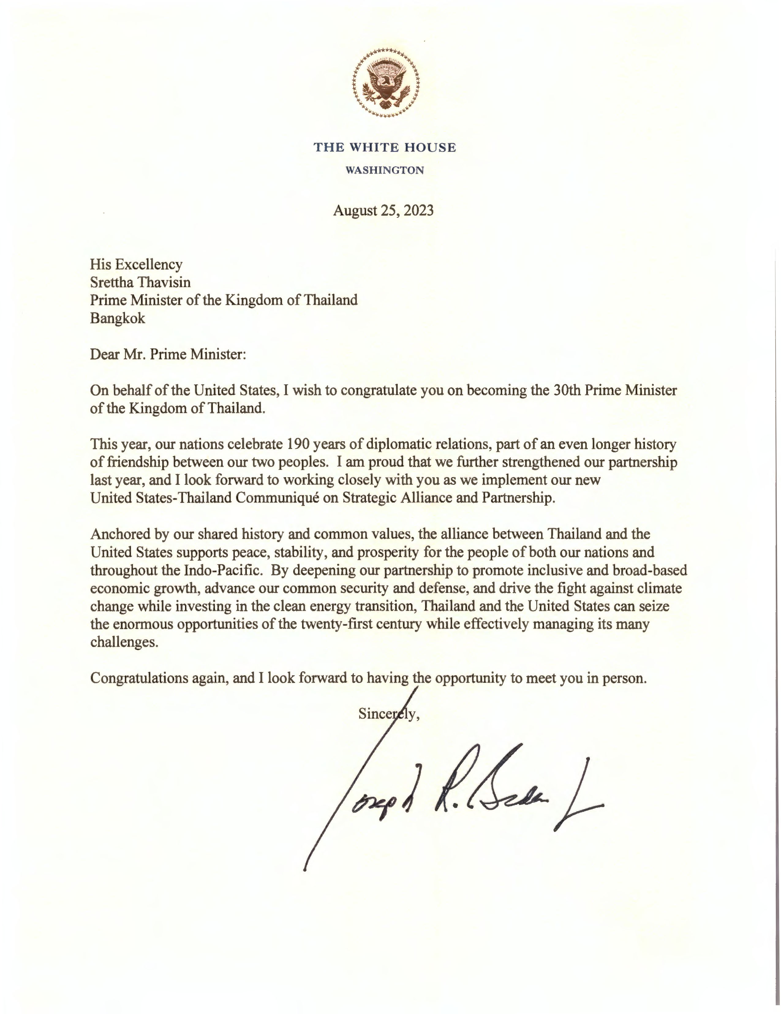 ผู้นำสหรัฐฯร่วมแสดงความยินดี เศรษฐา ทวีสิน เป็นนายกรัฐมนตรีคนที่ 30 ผู้นำสหรัฐฯร่วมแสดงความยินดี เศรษฐา ทวีสิน เป็นนายกรัฐมนตรีคนที่ 30