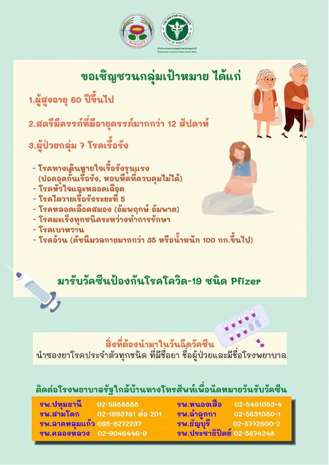 ปทุมธานี เปิดจองฉีดวัคซีนไฟเซอร์ เข็มแรกให้ประชาชนกลุ่มเสี่ยง